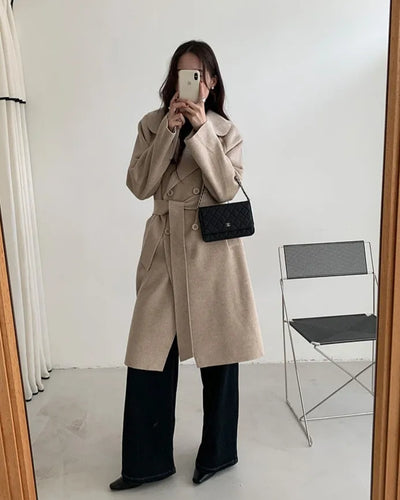 (2 colors) Wool brand belt long coat