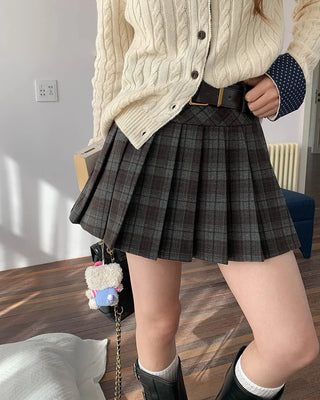 (2 colors) Retro check A-line pleated mini skirt