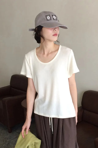 Ribbed round short-sleeved T-shirt