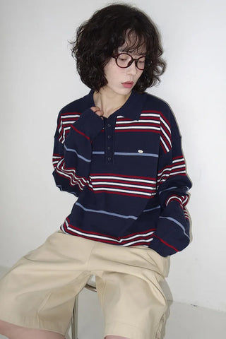 Striped oversized collared knit sweater
