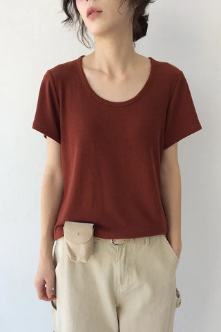Ribbed round short-sleeved T-shirt