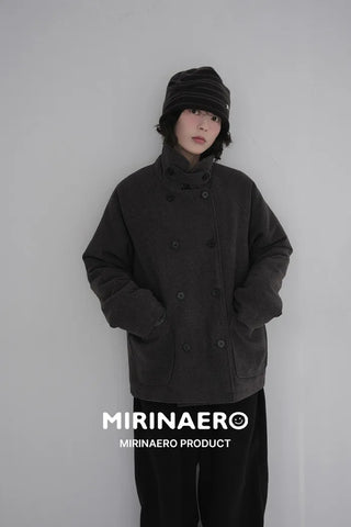 High-neck double-breasted mid-length coat