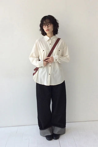 Low-rise denim roll-up wide-leg pants