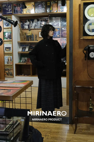High-neck double-breasted mid-length coat