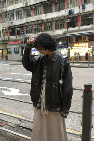 Washed leather oversized blouson