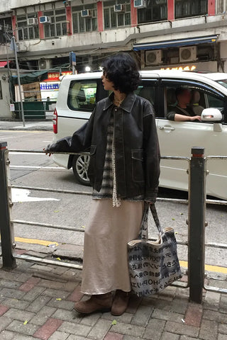 Washed leather oversized blouson