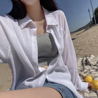 Oversized sheer puff white long-sleeved cotton shirt