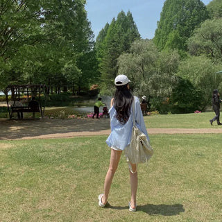 Oversized sheer puff white long-sleeved cotton shirt