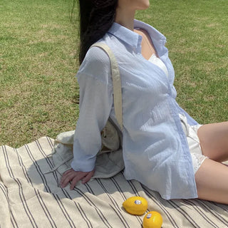 Oversized sheer puff white long-sleeved cotton shirt