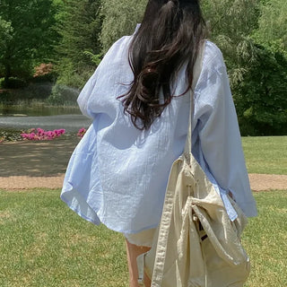 Oversized sheer puff white long-sleeved cotton shirt