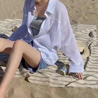 Oversized sheer puff white long-sleeved cotton shirt