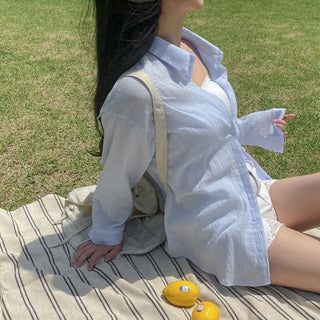 Oversized sheer puff white long-sleeved cotton shirt