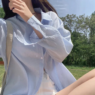 Oversized sheer puff white long-sleeved cotton shirt