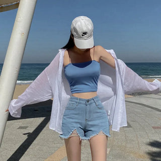 Oversized sheer puff white long-sleeved cotton shirt