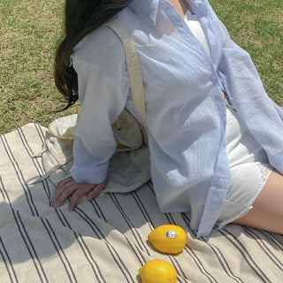 Oversized sheer puff white long-sleeved cotton shirt