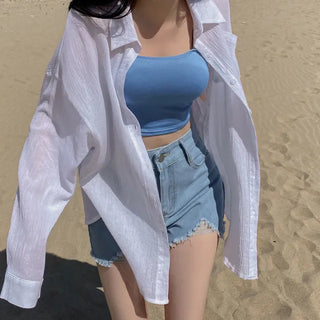 Oversized sheer puff white long-sleeved cotton shirt