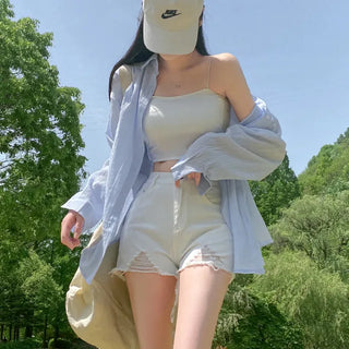 Oversized sheer puff white long-sleeved cotton shirt