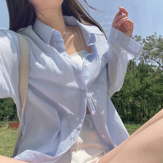 Oversized sheer puff white long-sleeved cotton shirt
