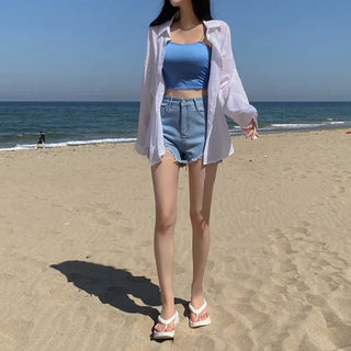 Oversized sheer puff white long-sleeved cotton shirt