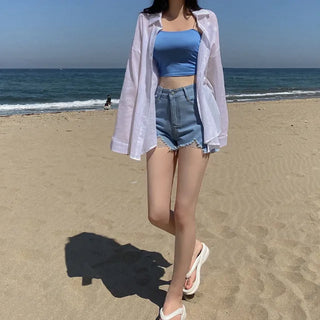 Oversized sheer puff white long-sleeved cotton shirt