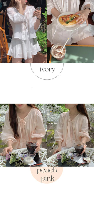 Loose-fitting shirred puff ribbon blouse (2c)