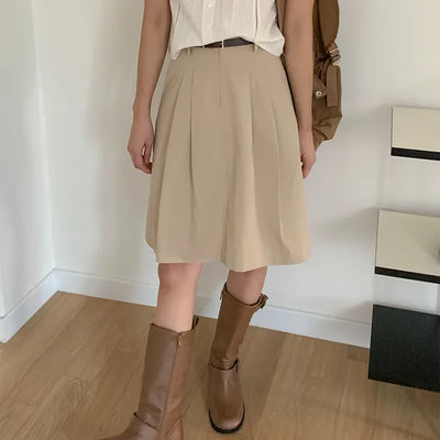 [Lined] Cotton pleated midi skirt