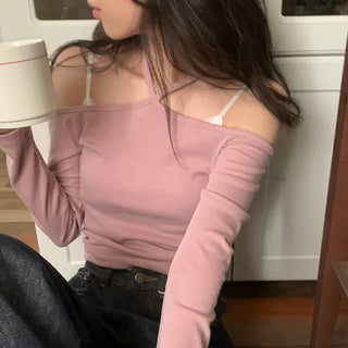 Ribbed halter ribbon long-sleeved T-shirt