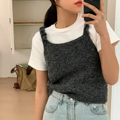 Shirred Shoulder Strap Knit Bustier Vest