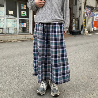 [Lined] Vintage Cotton Check Long Skirt