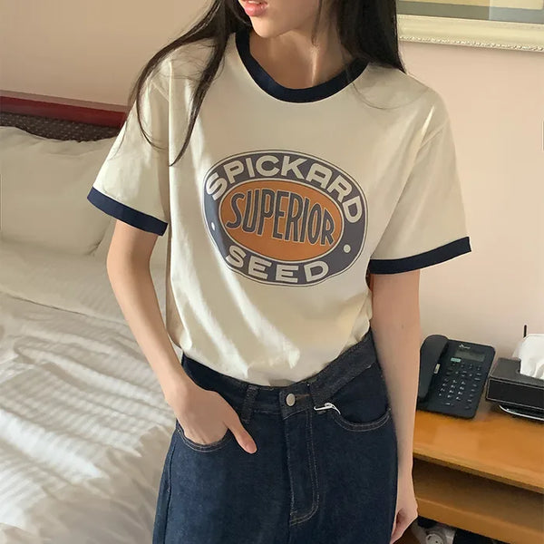 Two-tone print round short-sleeve T-shirt