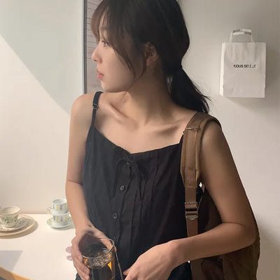 [Adjustable Shoulder Straps] Shirred Lace Ribbon Bustier Camisole Blouse