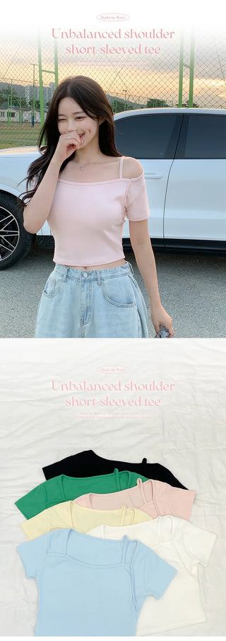 [2-way] Asymmetrical Shoulder Short-Sleeve T-Shirt (6 colors)
