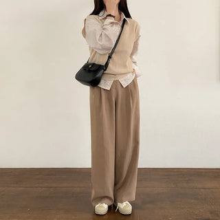 Autumn V-neck ribbed sleeveless gray loose-fit knit vest