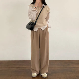 Autumn V-neck ribbed sleeveless gray loose-fit knit vest