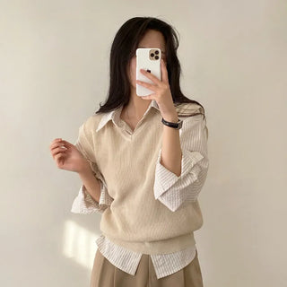 Autumn V-neck ribbed sleeveless gray loose-fit knit vest