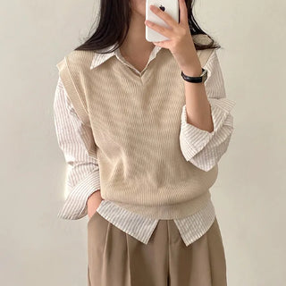 Autumn V-neck ribbed sleeveless gray loose-fit knit vest