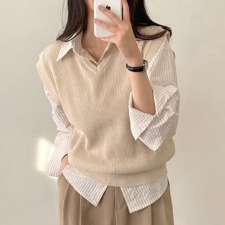 Autumn V-neck ribbed sleeveless gray loose-fit knit vest