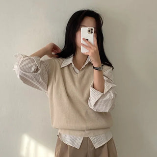 Autumn V-neck ribbed sleeveless gray loose-fit knit vest