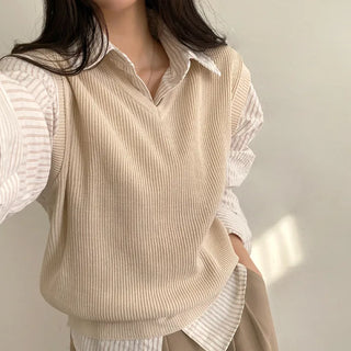 Autumn V-neck ribbed sleeveless gray loose-fit knit vest