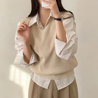 Autumn V-neck ribbed sleeveless gray loose-fit knit vest
