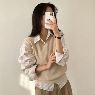Autumn V-neck ribbed sleeveless gray loose-fit knit vest