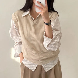 Autumn V-neck ribbed sleeveless gray loose-fit knit vest