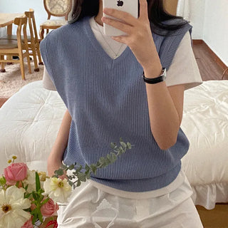 Autumn V-neck ribbed sleeveless gray loose-fit knit vest