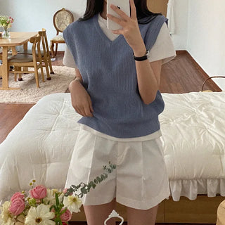 Autumn V-neck ribbed sleeveless gray loose-fit knit vest