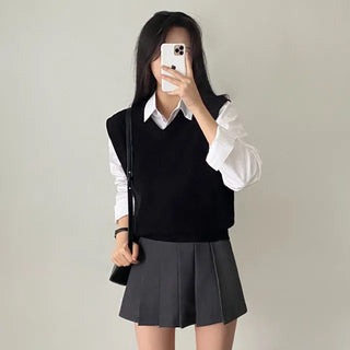 Autumn V-neck ribbed sleeveless gray loose-fit knit vest
