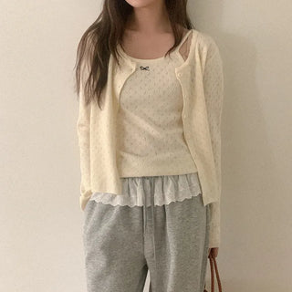 Ribbon Sleeveless Cardigan Set