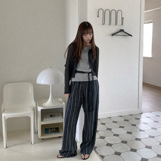 Linen striped elastic waist pants