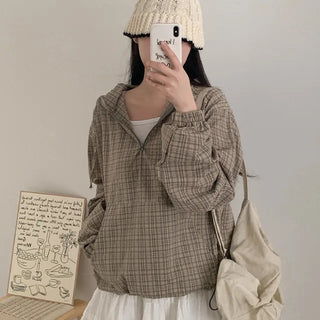 Checkered Anorak Loose Hooded Parka