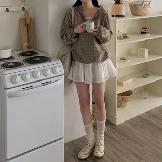 Checkered Anorak Loose Hooded Parka