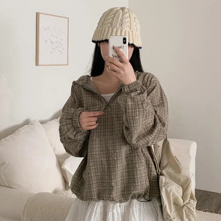 Checkered Anorak Loose Hooded Parka